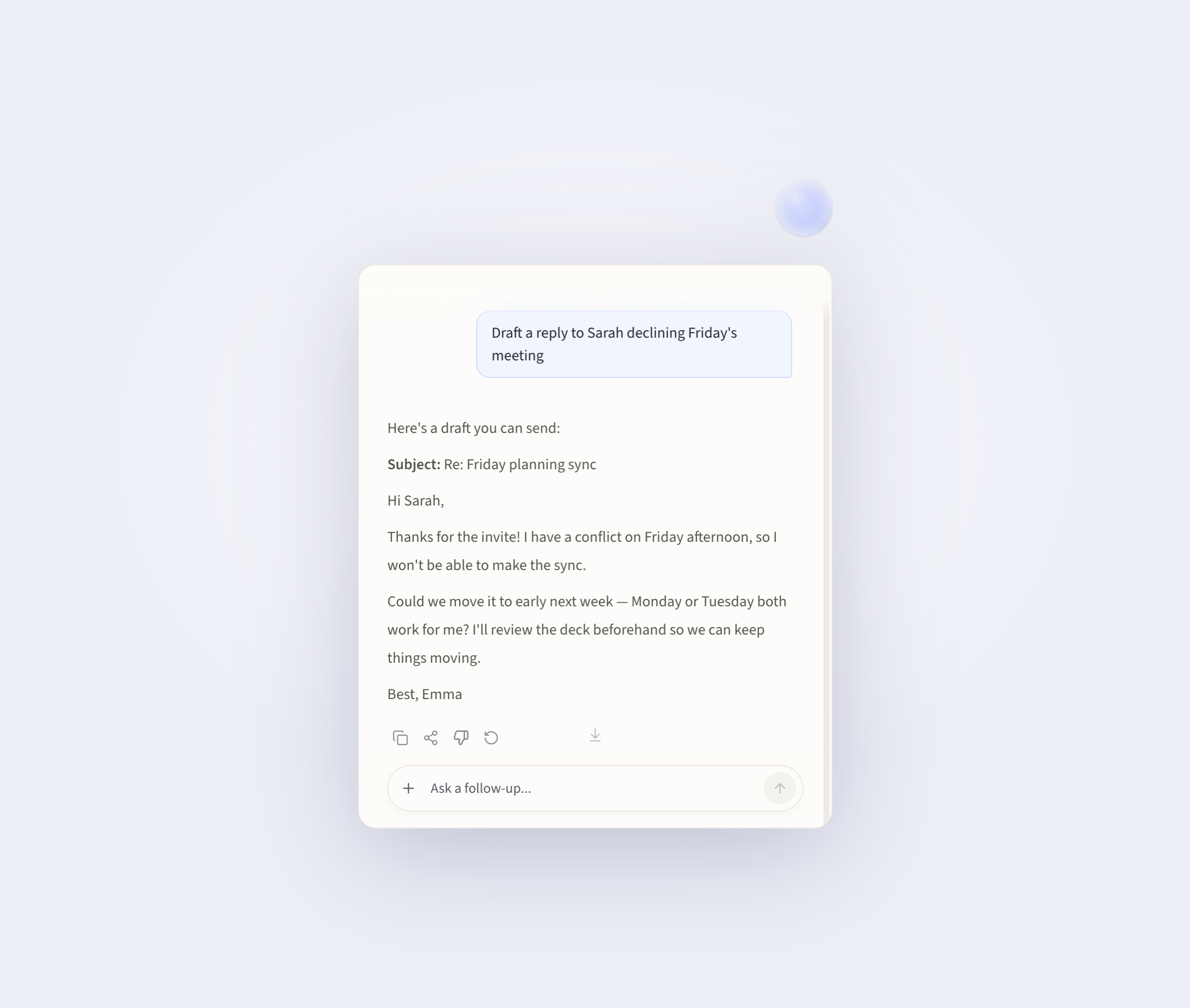 Viora capsule showing a drafted email reply