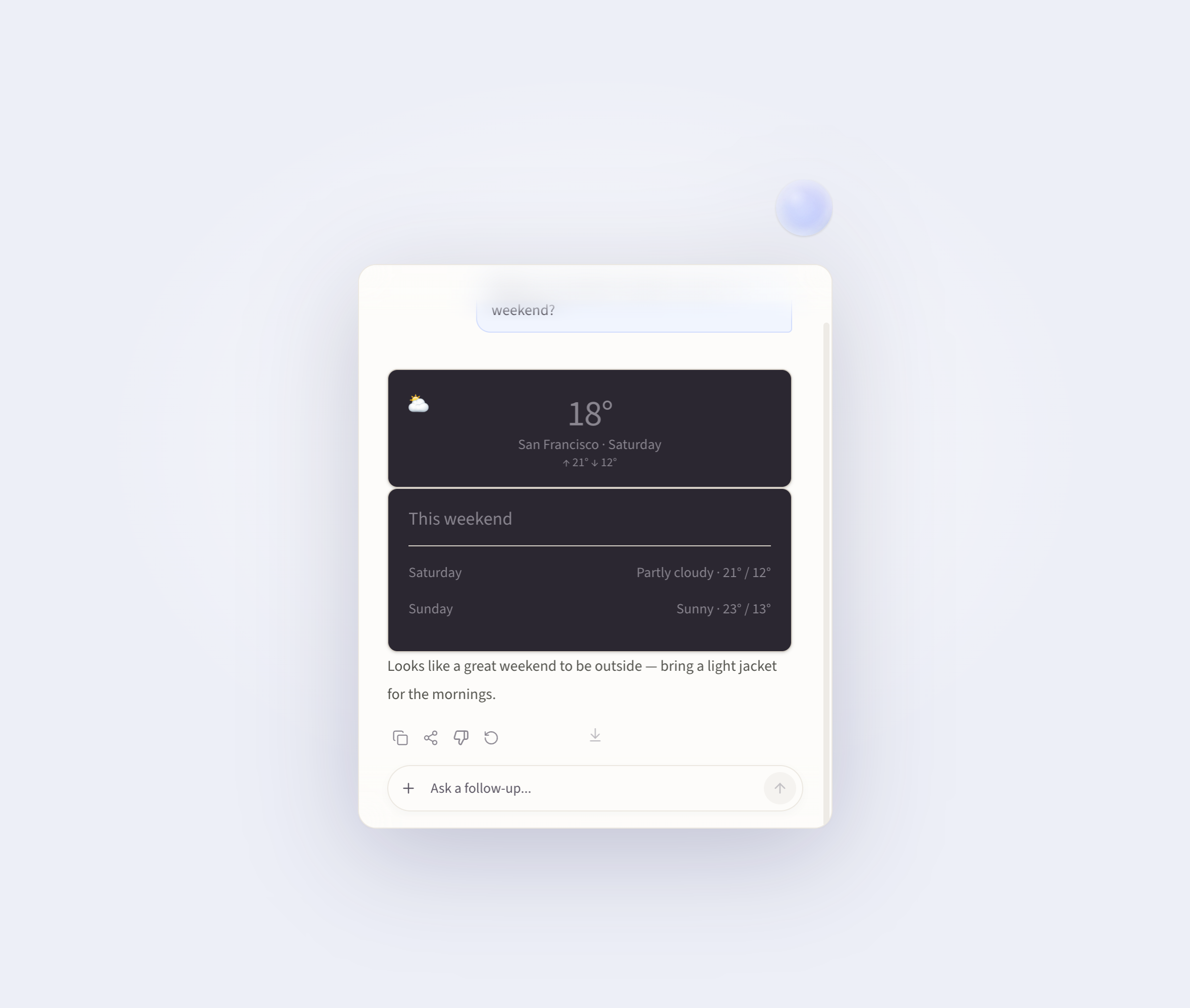 Viora Agent Card showing a weather forecast answer