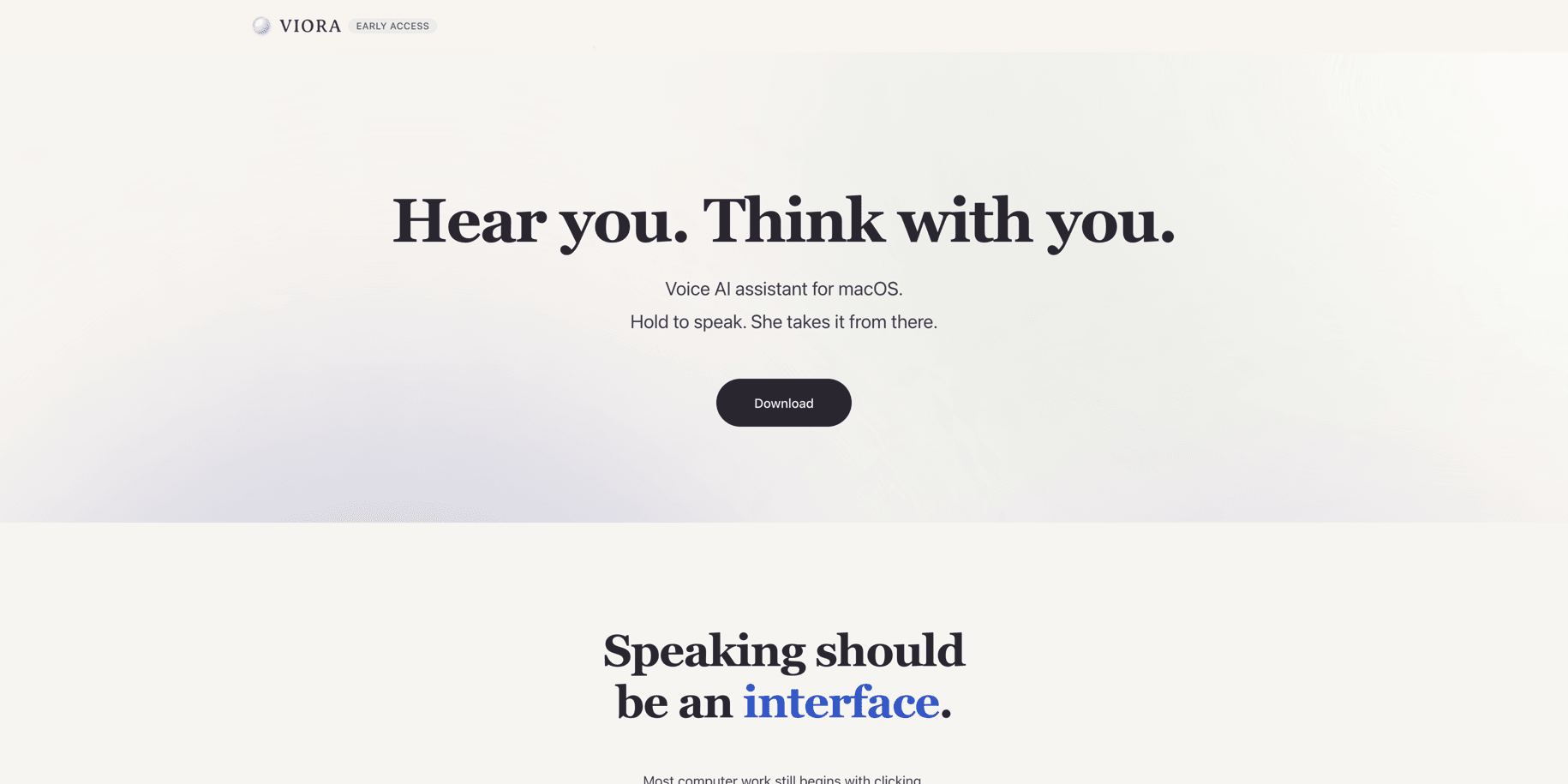 Viora homepage showing the voice AI assistant for macOS positioning